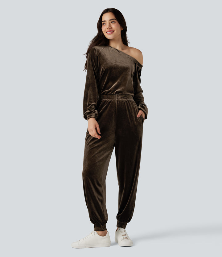 One Shoulder Long Sleeve Velvet Casual Jumpsuit with Pockets — Demitasse — view 1