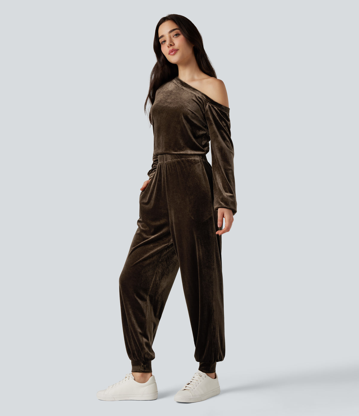 One Shoulder Long Sleeve Velvet Casual Jumpsuit with Pockets — Demitasse — view 3