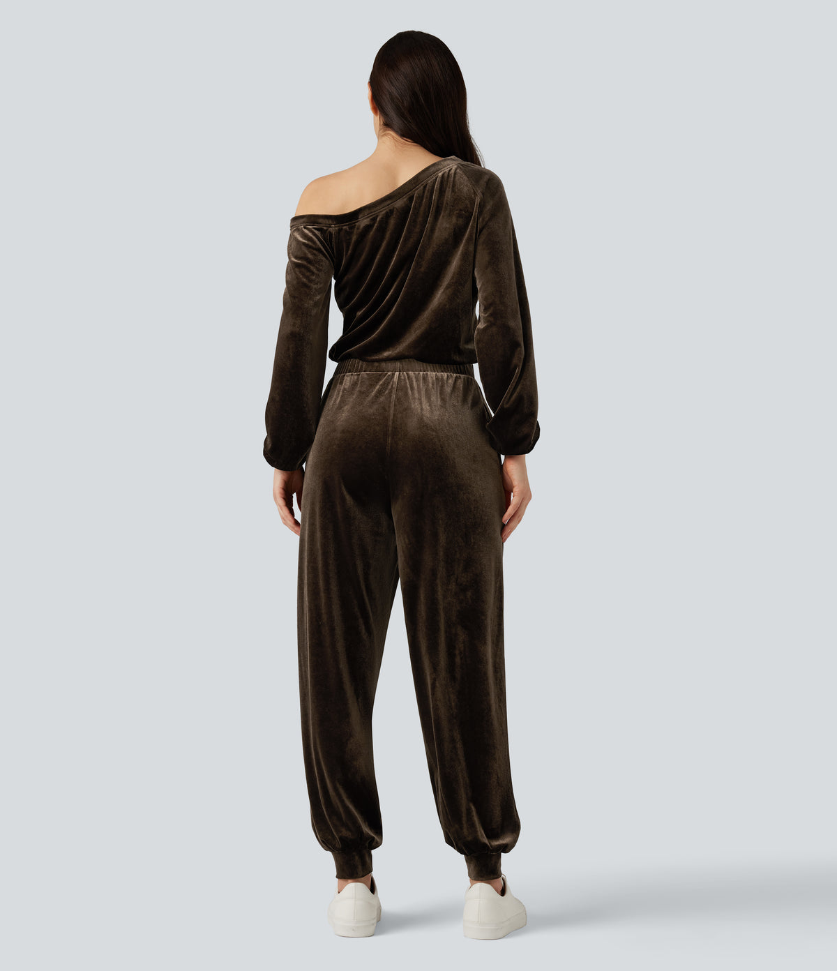 One Shoulder Long Sleeve Velvet Casual Jumpsuit with Pockets — Demitasse — view 2