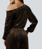 One Shoulder Long Sleeve Velvet Casual Jumpsuit with Pockets — Demitasse — view 5