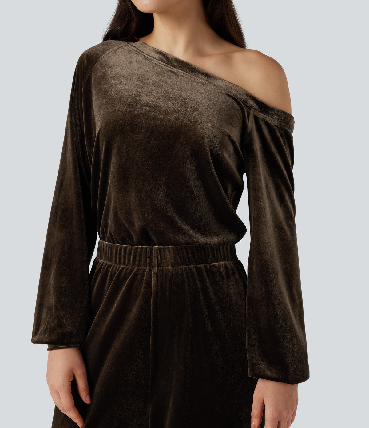 One Shoulder Long Sleeve Velvet Casual Jumpsuit with Pockets — Demitasse — view 4