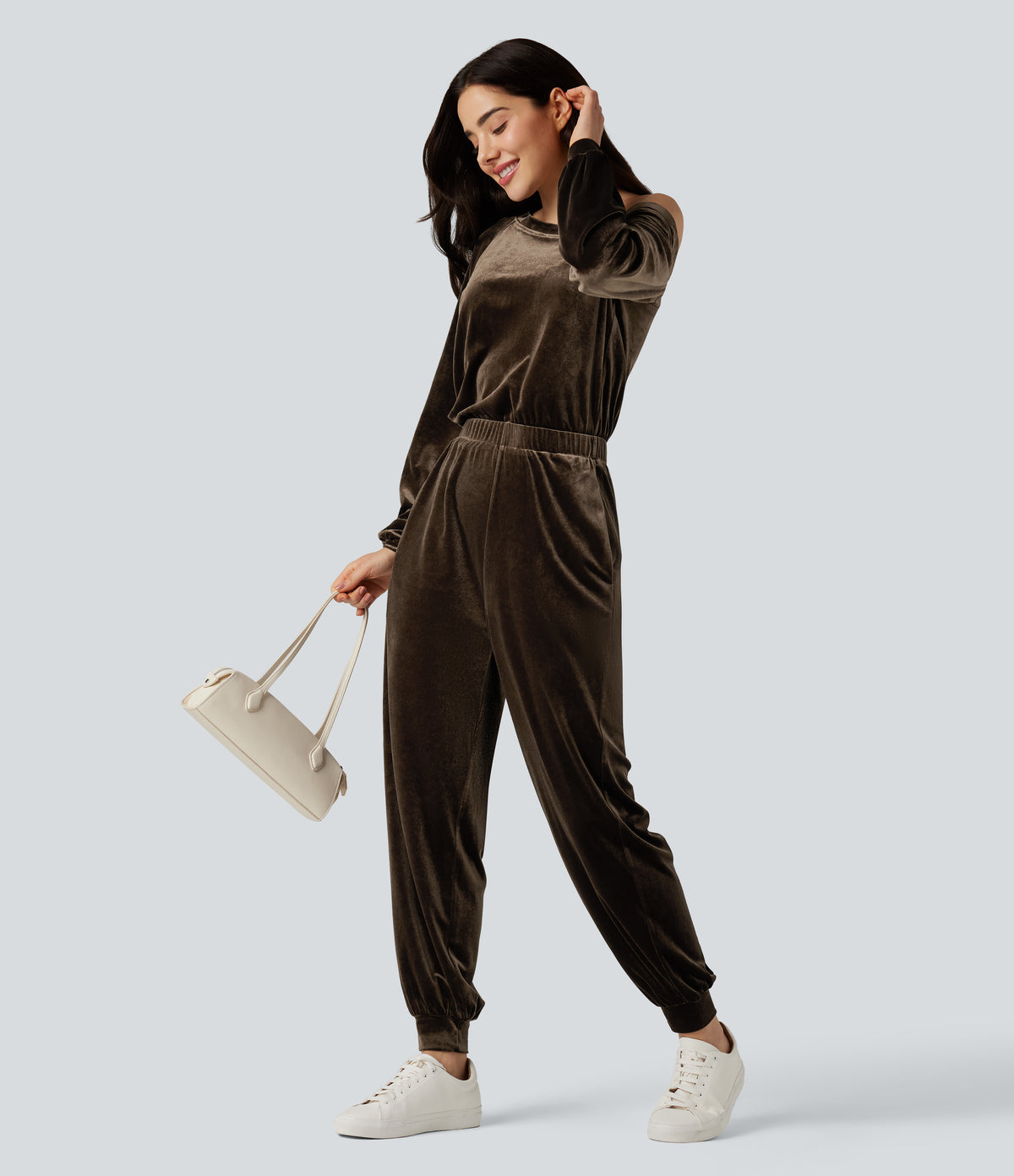 One Shoulder Long Sleeve Velvet Casual Jumpsuit with Pockets — Demitasse — view 7