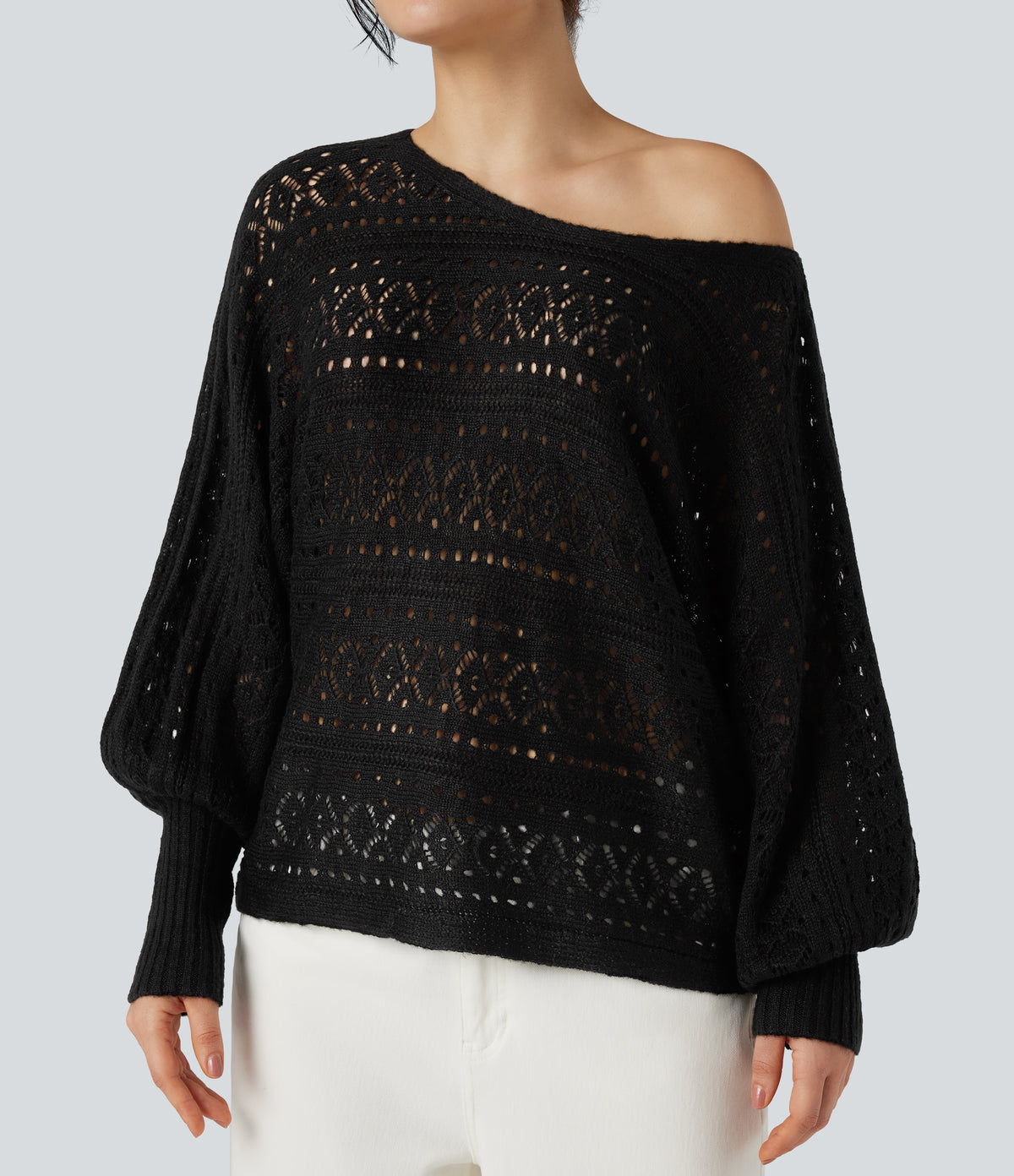 Round Neck Batwing Long Sleeve Hollow Out Casual Jumper — Black — view 5