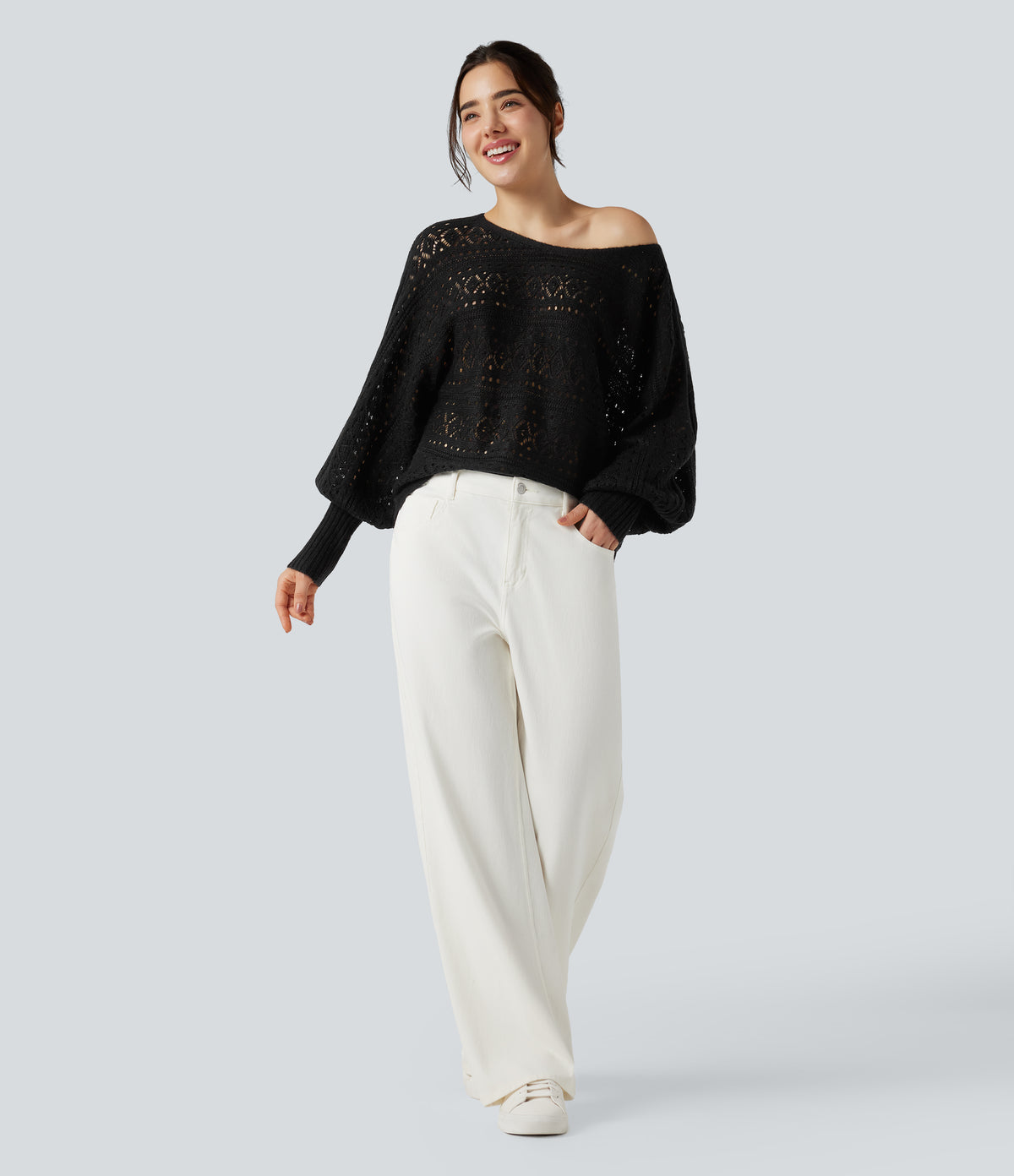 Round Neck Batwing Long Sleeve Hollow Out Casual Jumper — Black — view 6