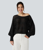 Round Neck Batwing Long Sleeve Hollow Out Casual Jumper — Black — view 1