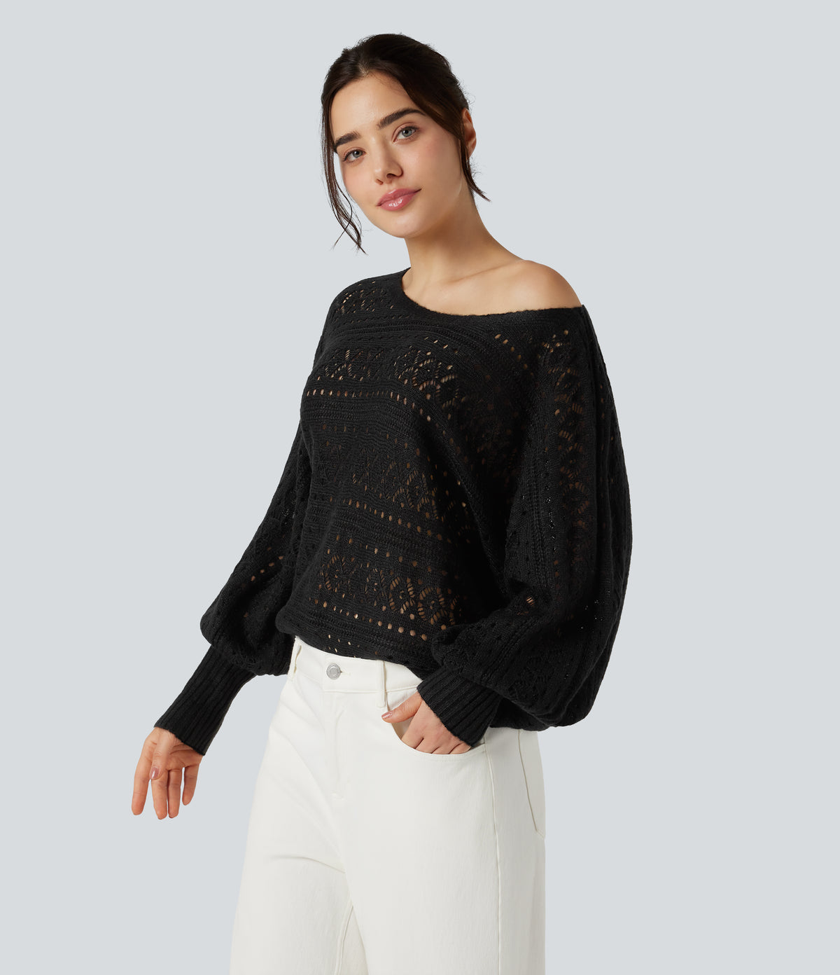 Round Neck Batwing Long Sleeve Hollow Out Casual Jumper — Black — view 3