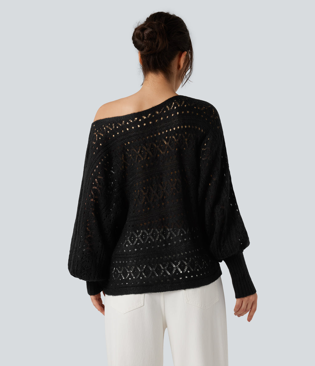 Round Neck Batwing Long Sleeve Hollow Out Casual Jumper — Black — view 2