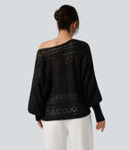 Round Neck Batwing Long Sleeve Hollow Out Casual Jumper — Black — view 2