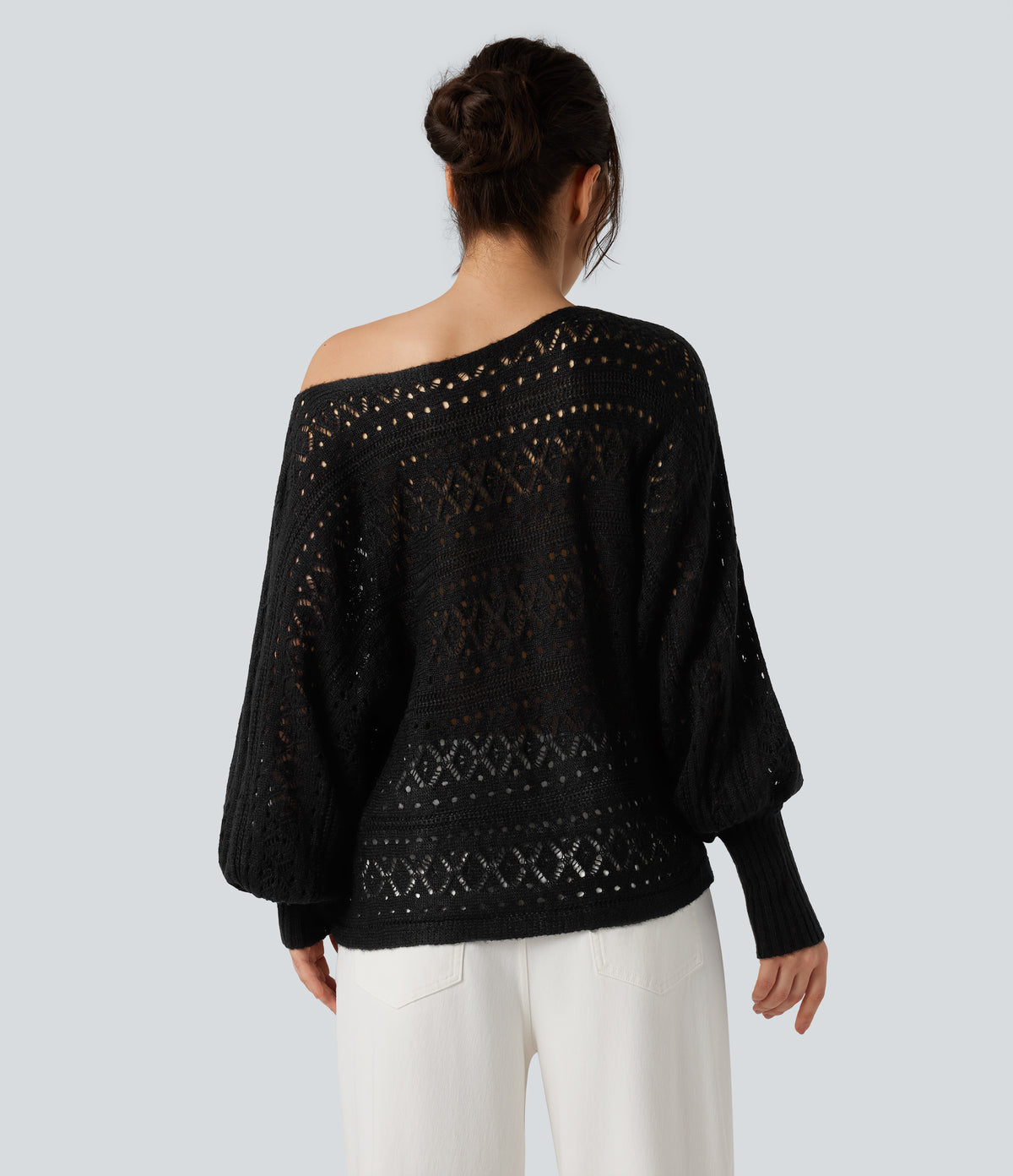 Round Neck Batwing Long Sleeve Hollow Out Casual Jumper — Black — view 2