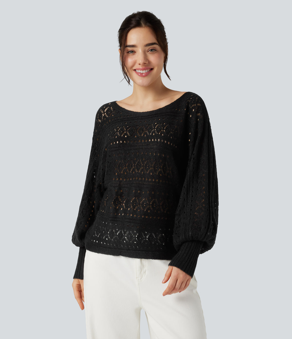 Round Neck Batwing Long Sleeve Hollow Out Casual Jumper — Black — view 4