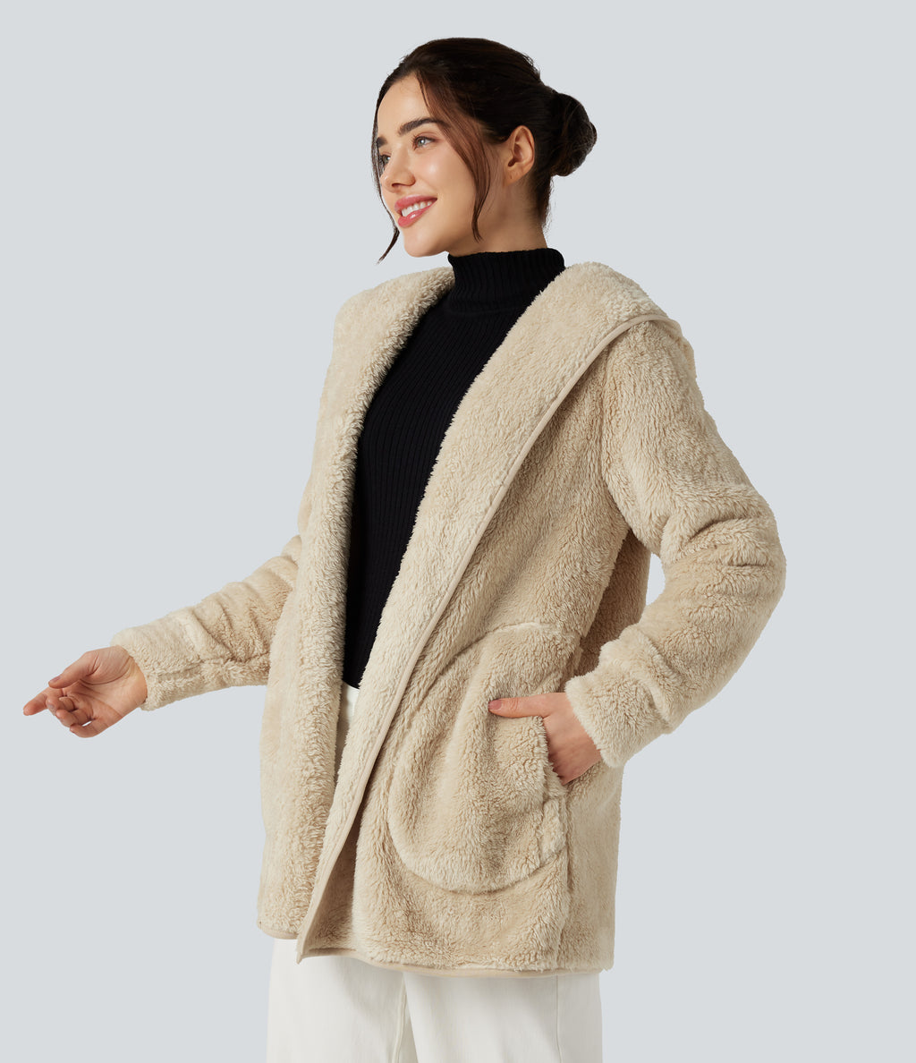 Hooded Long Sleeve Casual Teddy Coat with Pockets — Oyster Gray — view 3