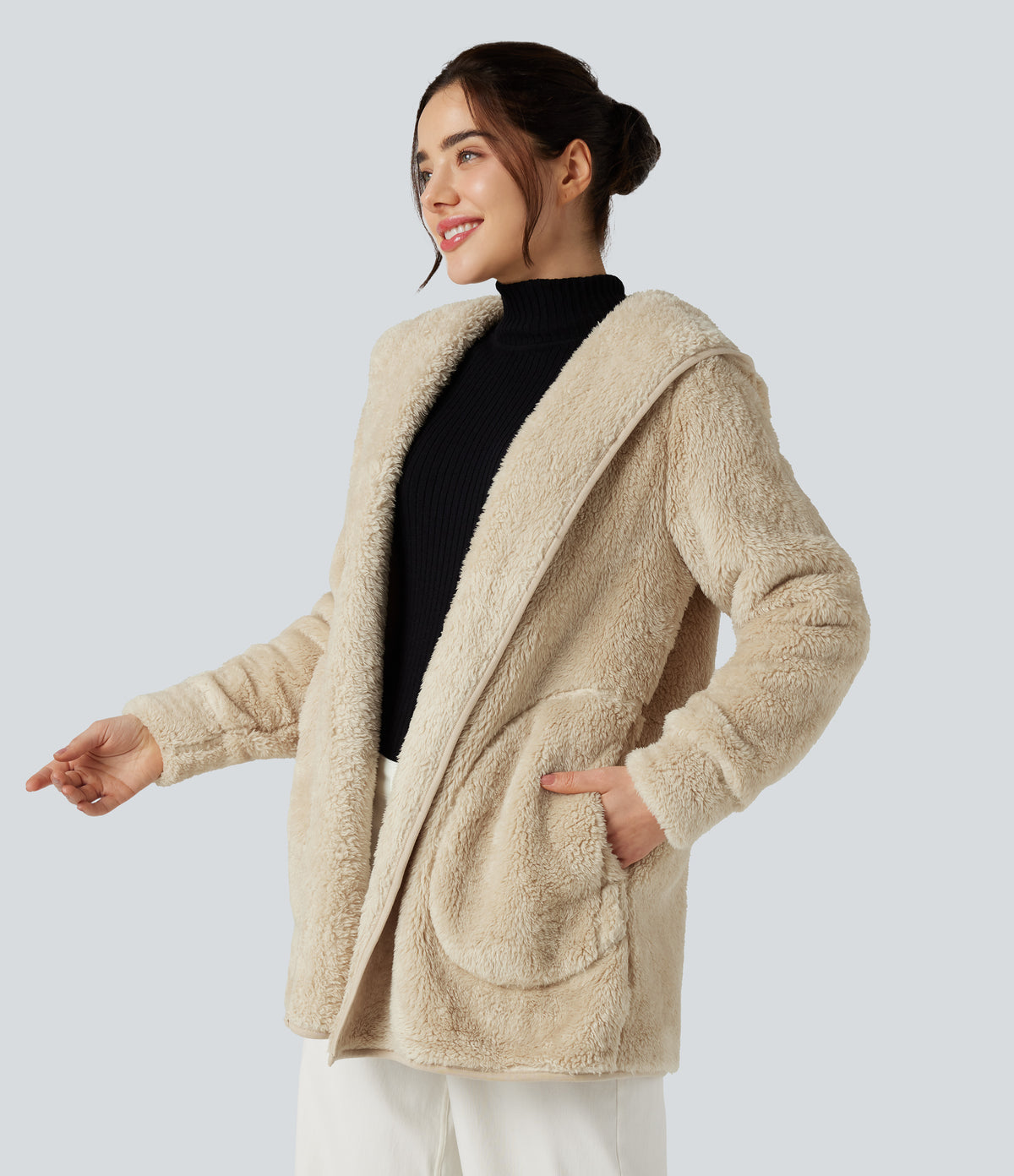 Hooded Long Sleeve Casual Teddy Coat with Pockets — Oyster Gray — view 3