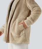 Hooded Long Sleeve Casual Teddy Coat with Pockets — Oyster Gray — view 4