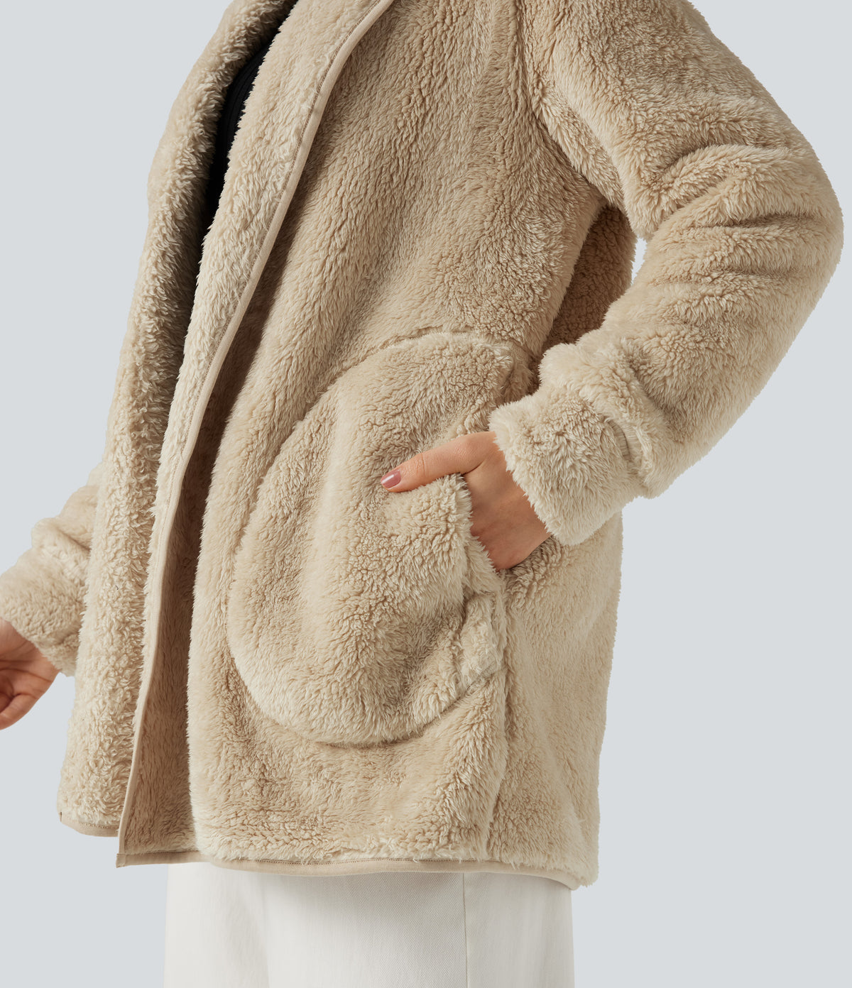 Hooded Long Sleeve Casual Teddy Coat with Pockets — Oyster Gray — view 4