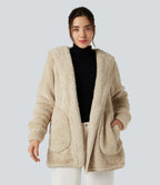 Hooded Long Sleeve Casual Teddy Coat with Pockets — Oyster Gray — view 1