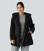 Hooded Long Sleeve Casual Teddy Coat with Pockets — Black — view 6