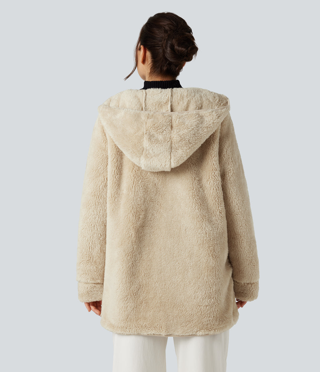 Hooded Long Sleeve Casual Teddy Coat with Pockets — Oyster Gray — view 2