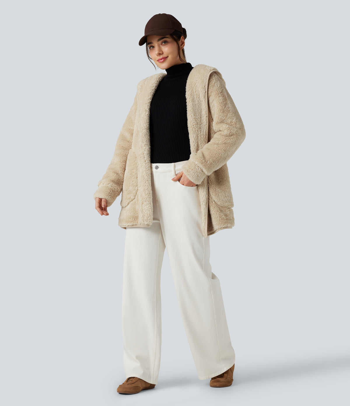Hooded Long Sleeve Casual Teddy Coat with Pockets — Oyster Gray — view 5