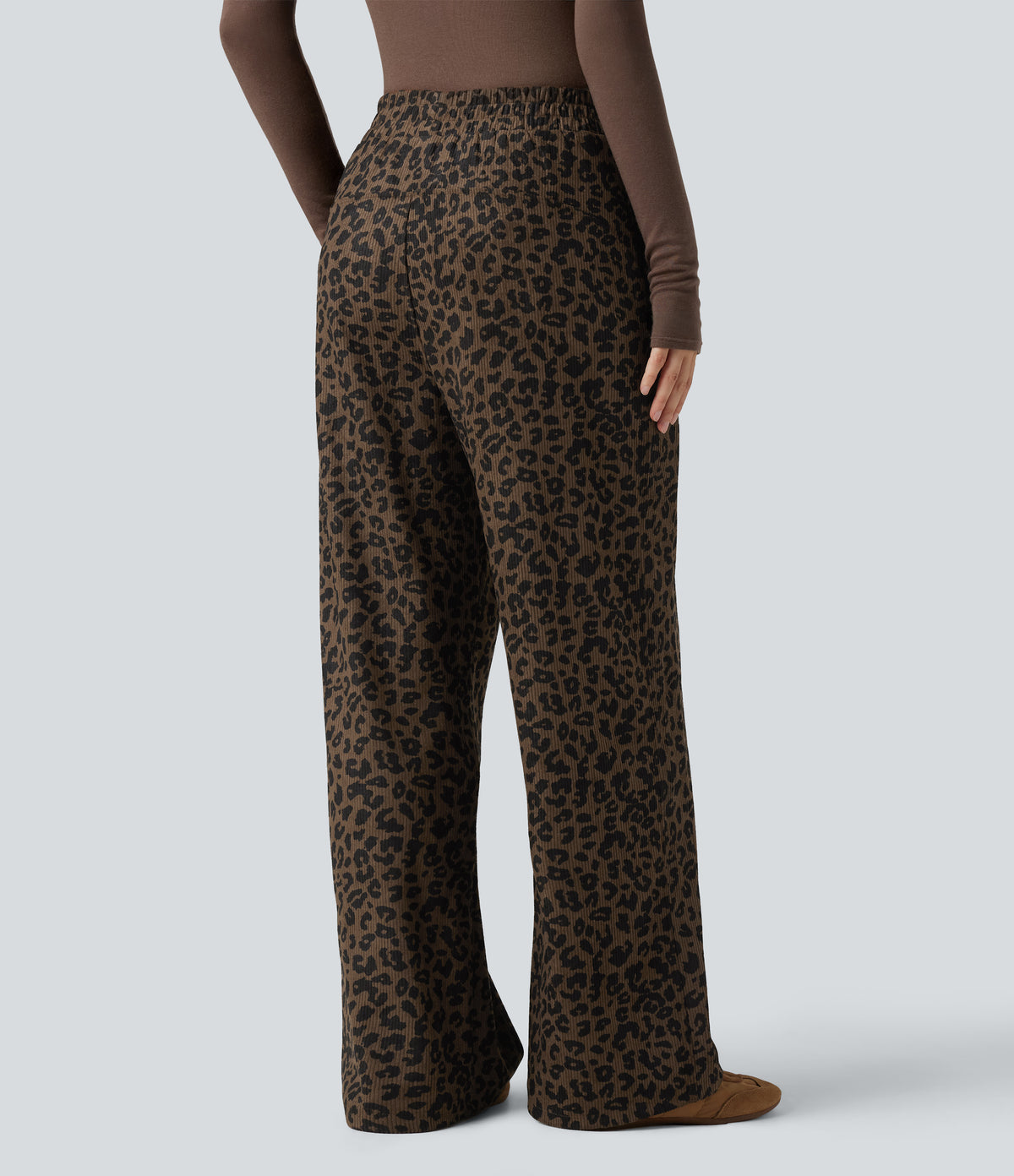 High Waisted Straight Leg Mop Leopard Print Corduroy Casual Trousers with Pockets — Amber Leopard — view 2