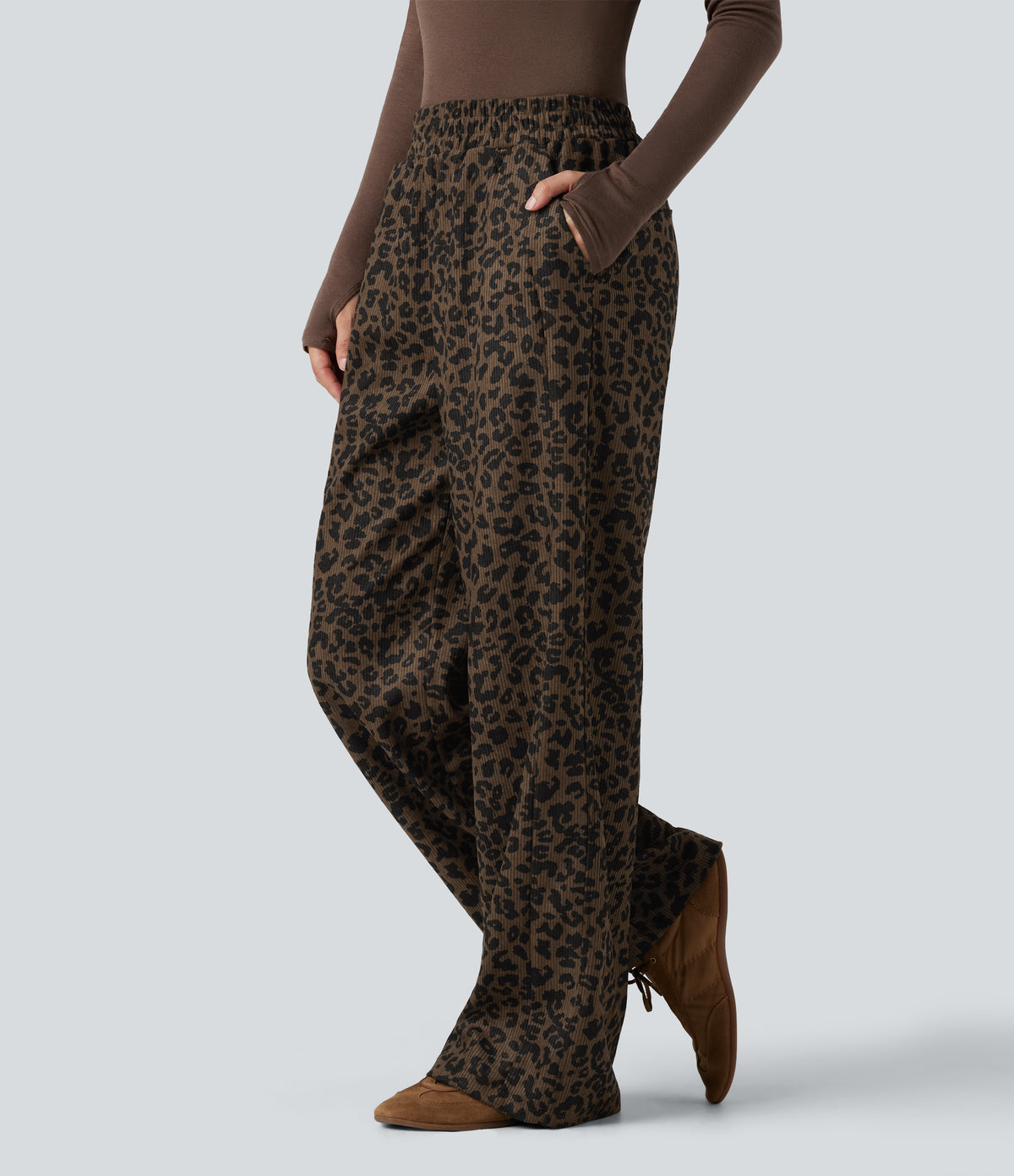 High Waisted Straight Leg Mop Leopard Print Corduroy Casual Trousers with Pockets — Amber Leopard — view 3