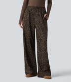 High Waisted Straight Leg Mop Leopard Print Corduroy Casual Trousers with Pockets — Amber Leopard — view 1