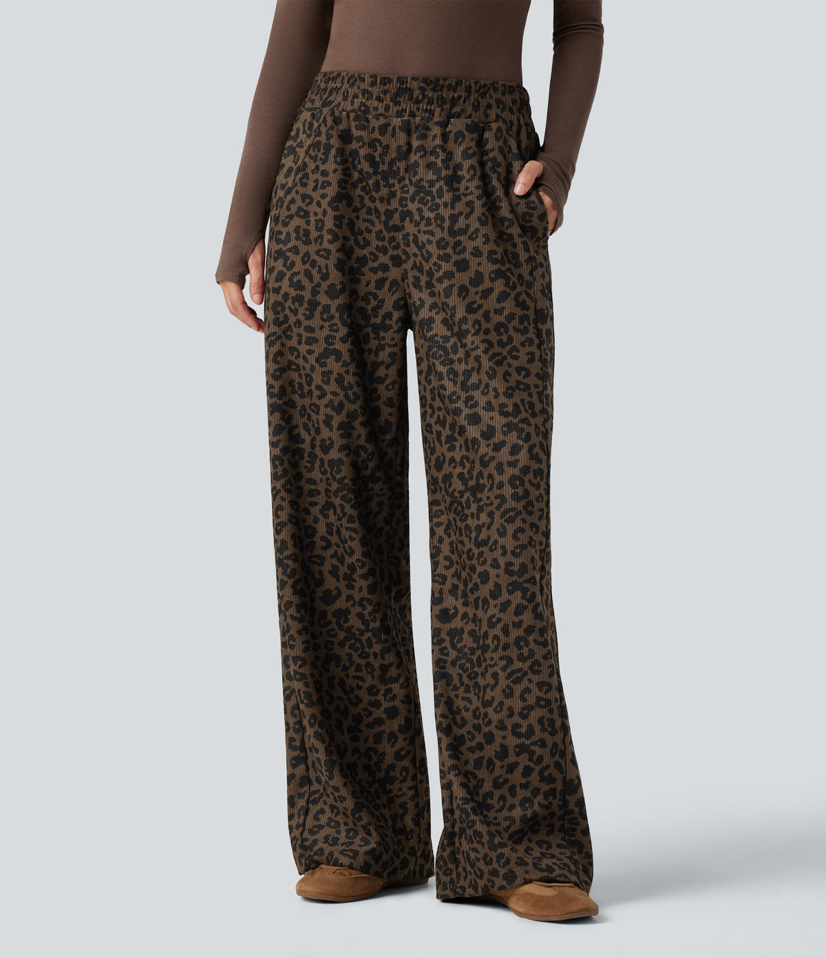High Waisted Straight Leg Mop Leopard Print Corduroy Casual Trousers with Pockets — Amber Leopard — view 1