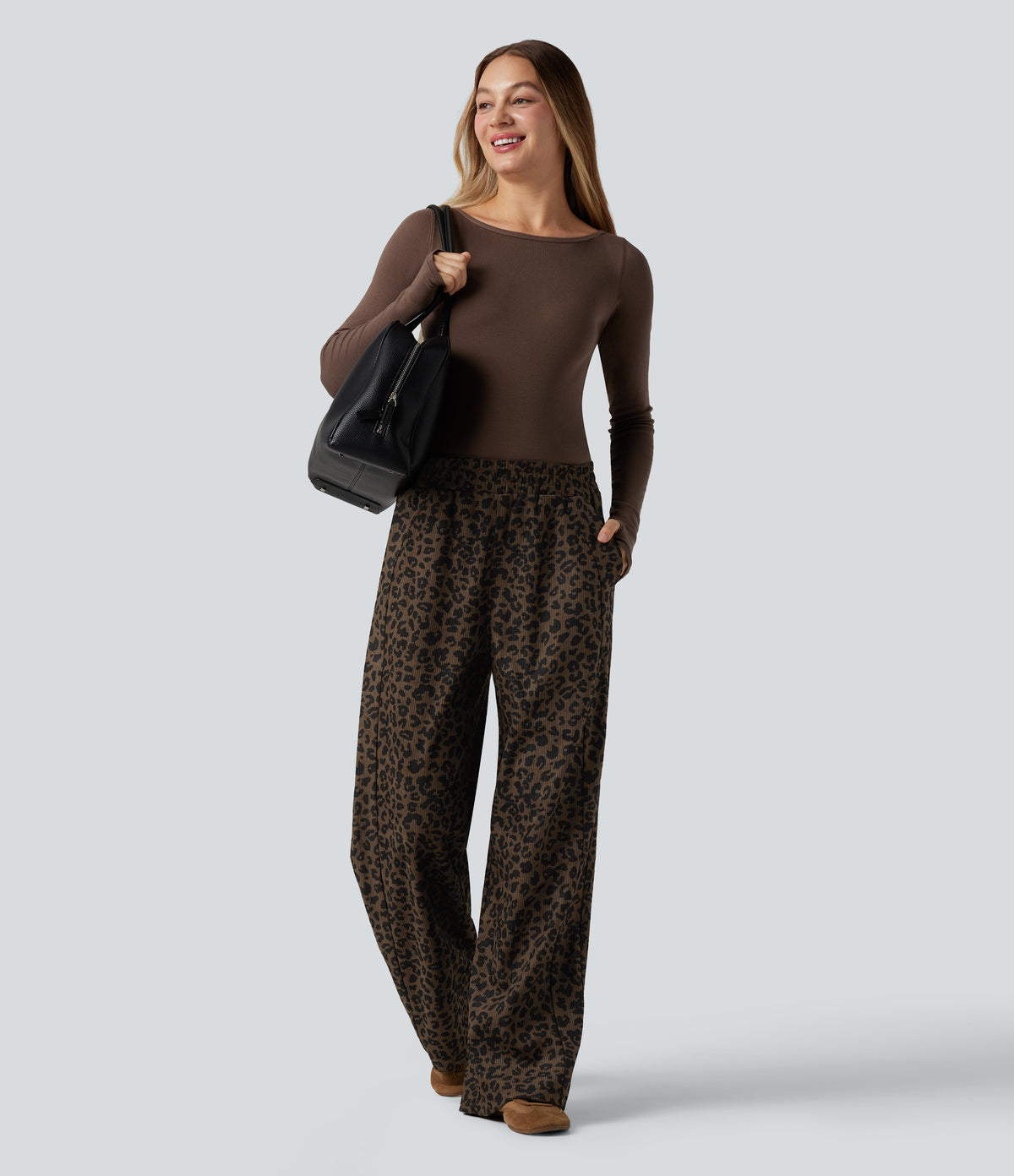 High Waisted Straight Leg Mop Leopard Print Corduroy Casual Trousers with Pockets — Amber Leopard — view 6