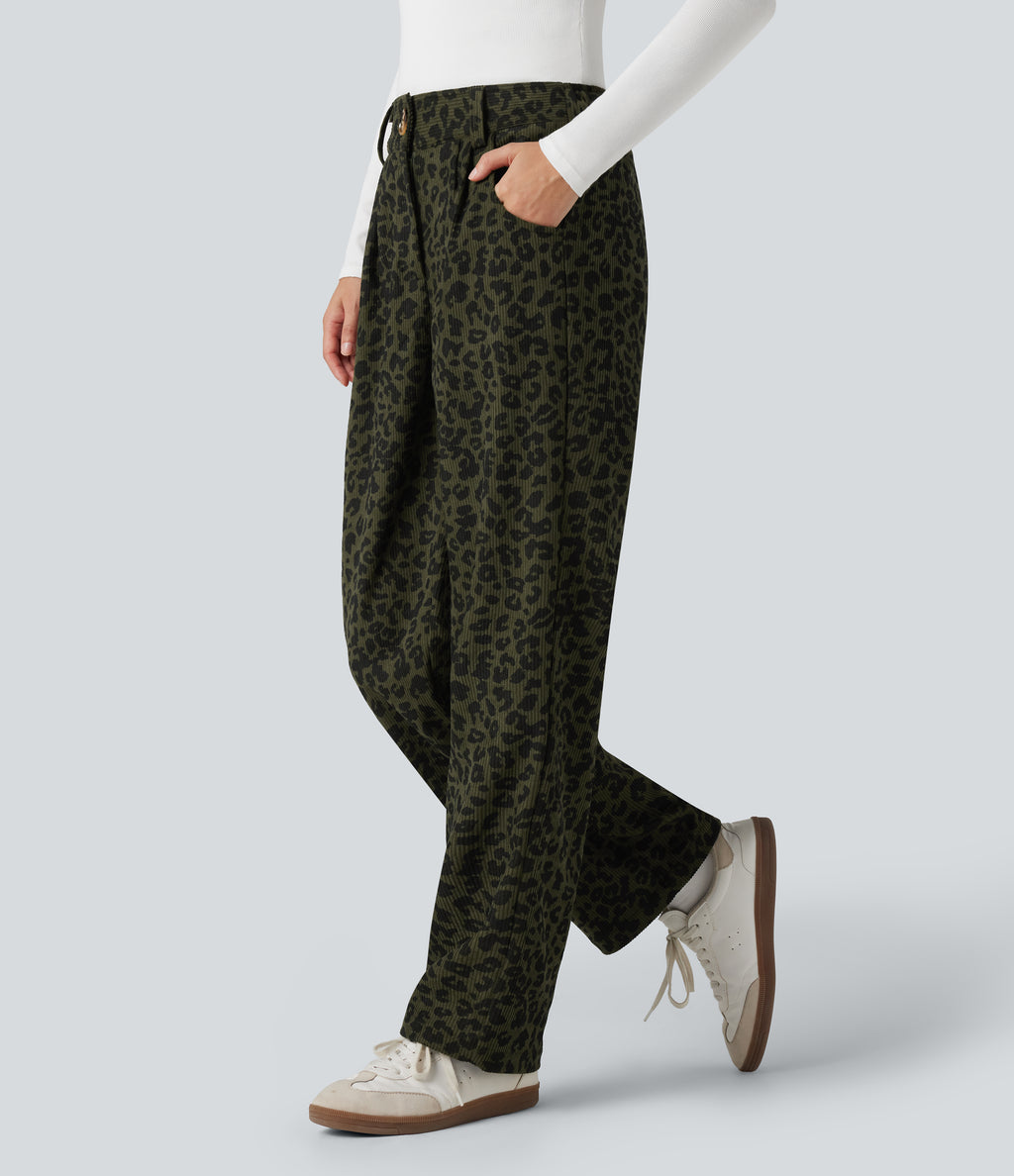 Mid Rise Leopard Print Corduroy Casual Straight-leg Trousers with Pockets — Olive Leopard — view 1