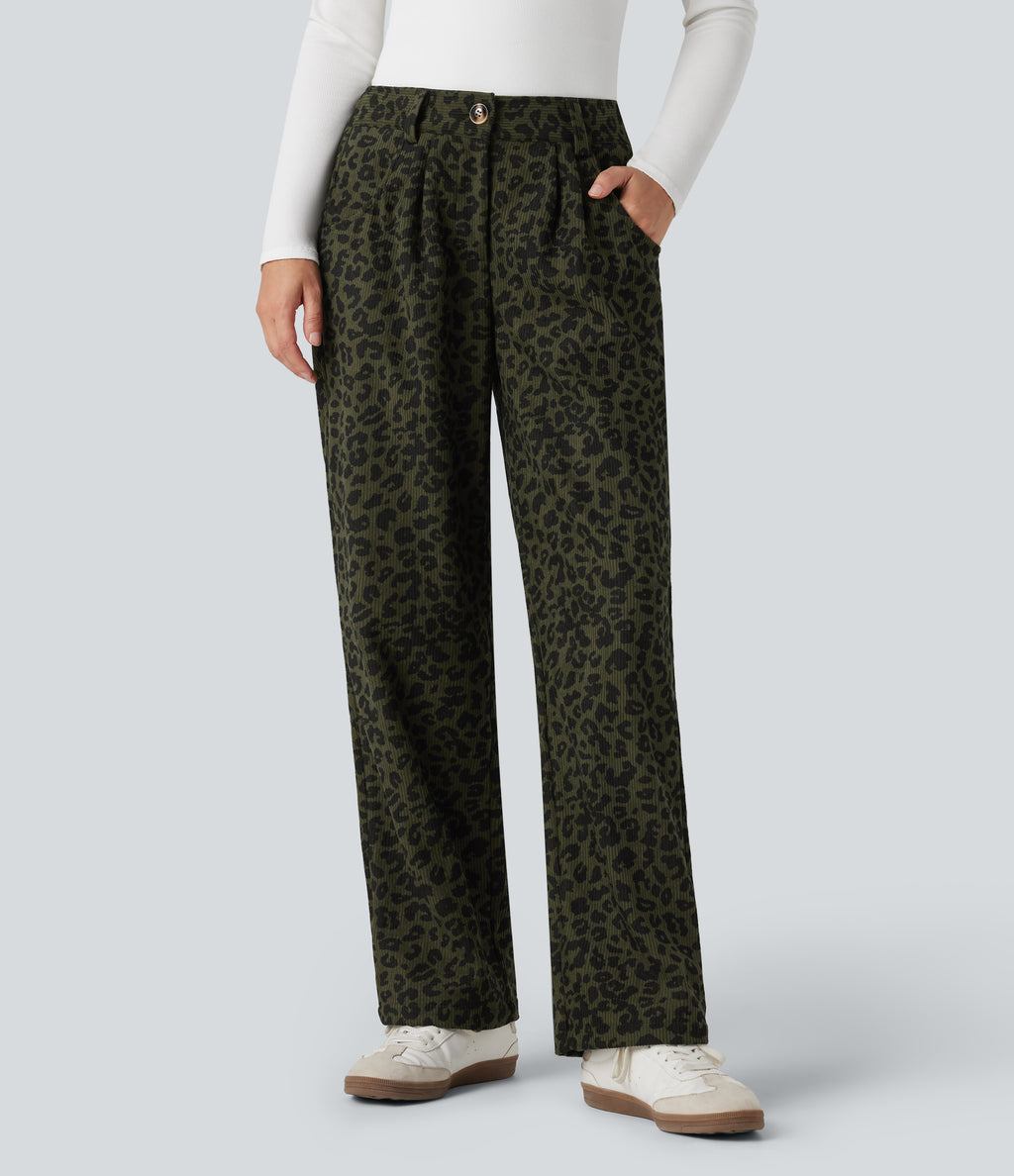 Mid Rise Leopard Print Corduroy Casual Straight-leg Trousers with Pockets — Olive Leopard — view 3