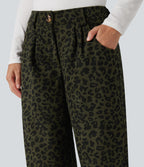 Mid Rise Leopard Print Corduroy Casual Straight-leg Trousers with Pockets — Olive Leopard — view 4