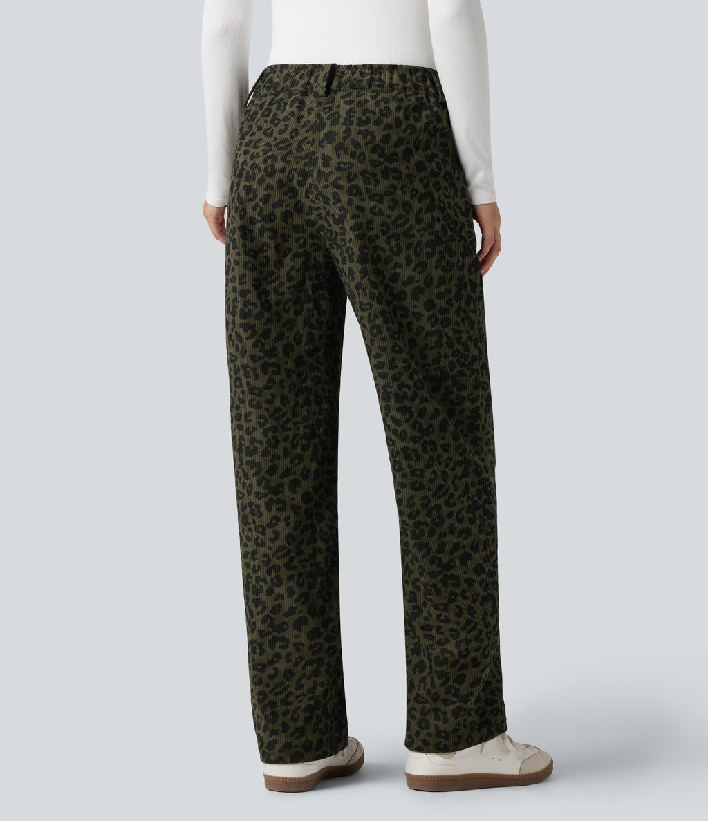 Mid Rise Leopard Print Corduroy Casual Straight-leg Trousers with Pockets — Olive Leopard — view 2