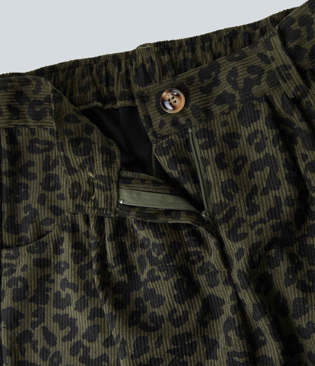 Mid Rise Leopard Print Corduroy Casual Straight-leg Trousers with Pockets — Olive Leopard — view 6