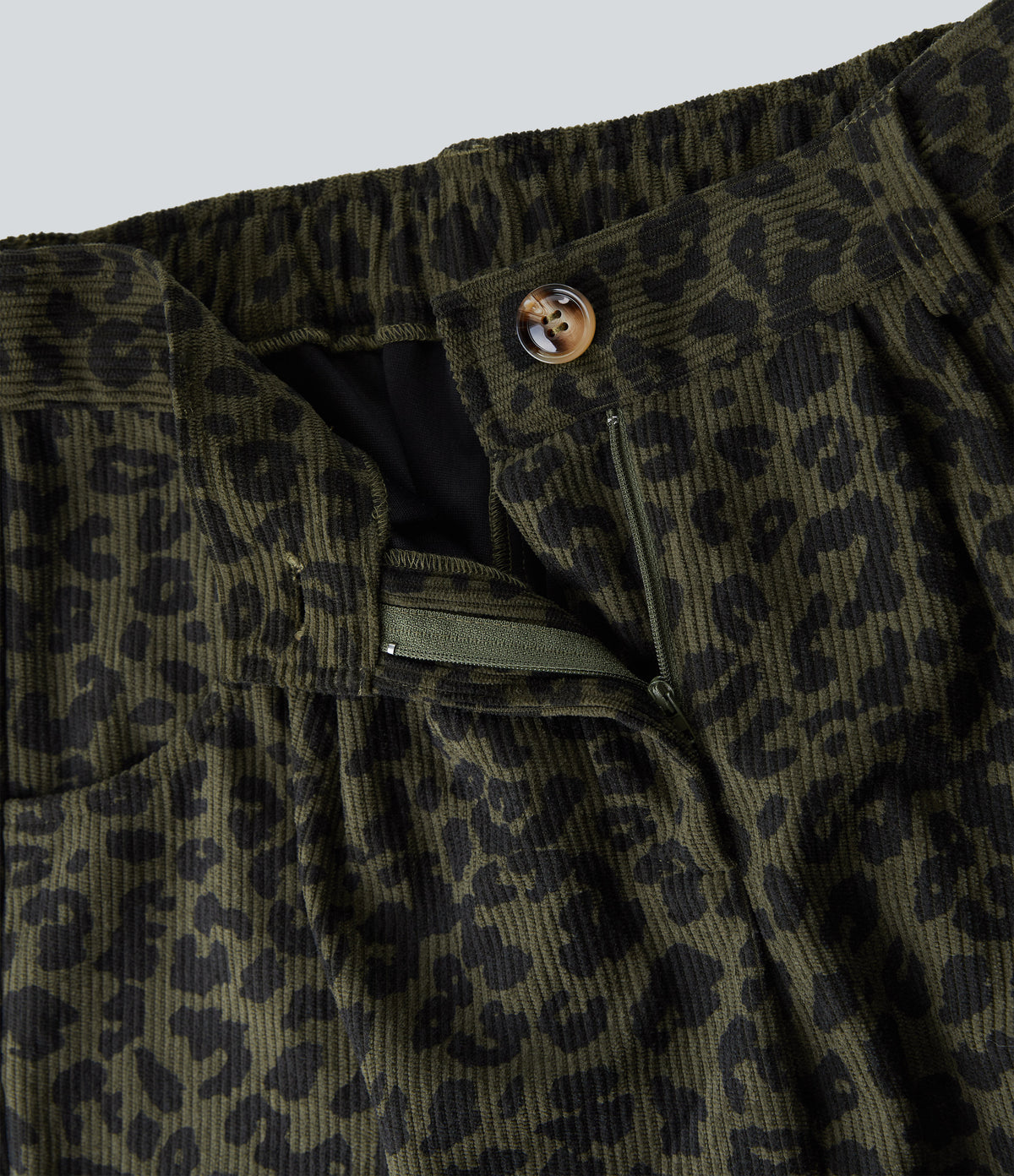 Mid Rise Leopard Print Corduroy Casual Straight-leg Trousers with Pockets — Olive Leopard — view 6