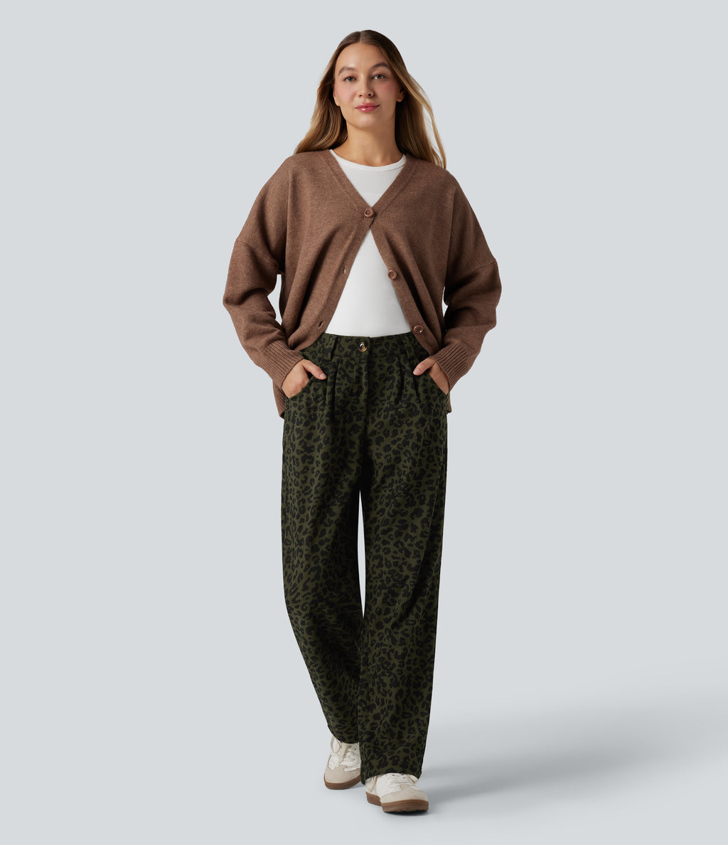 Mid Rise Leopard Print Corduroy Casual Straight-leg Trousers with Pockets — Olive Leopard — view 5