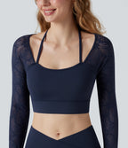 Contrast Lace Halter Long Sleeve Thumb Holes Cropped Yoga Top — Peacoat — view 5