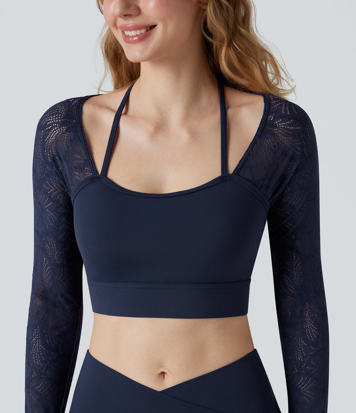 Contrast Lace Halter Long Sleeve Thumb Holes Cropped Yoga Top — Peacoat — view 5
