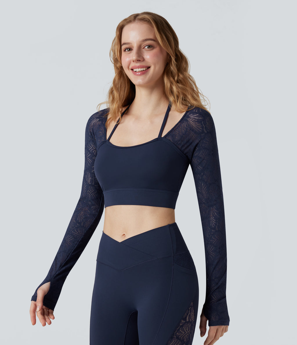 Contrast Lace Halter Long Sleeve Thumb Holes Cropped Yoga Top — Peacoat — view 4