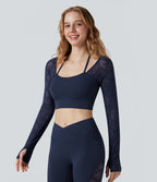 Contrast Lace Halter Long Sleeve Thumb Holes Cropped Yoga Top — Peacoat — view 4