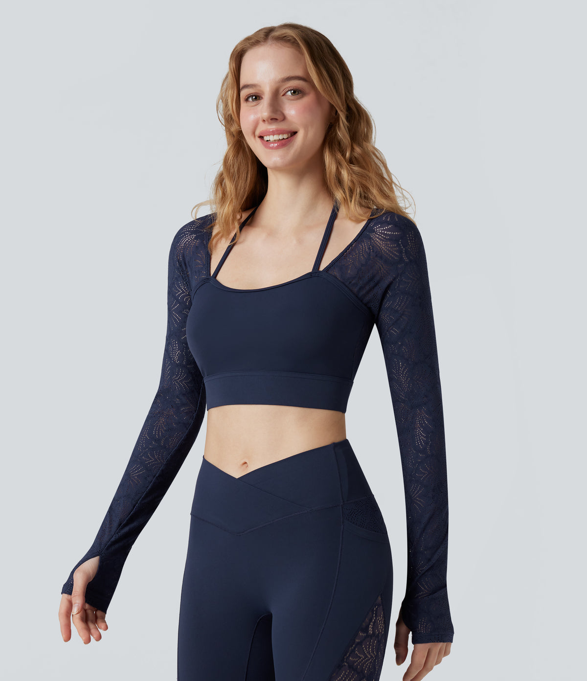 Contrast Lace Halter Long Sleeve Thumb Holes Cropped Yoga Top — Peacoat — view 4