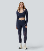 Contrast Lace Halter Long Sleeve Thumb Holes Cropped Yoga Top — Peacoat — view 6