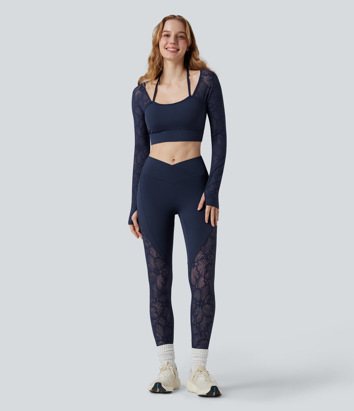 Contrast Lace Halter Long Sleeve Thumb Holes Cropped Yoga Top — Peacoat — view 6