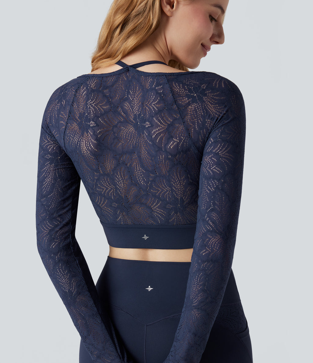 Contrast Lace Halter Long Sleeve Thumb Holes Cropped Yoga Top — Peacoat — view 1