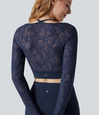 Contrast Lace Halter Long Sleeve Thumb Holes Cropped Yoga Top — Peacoat — view 1