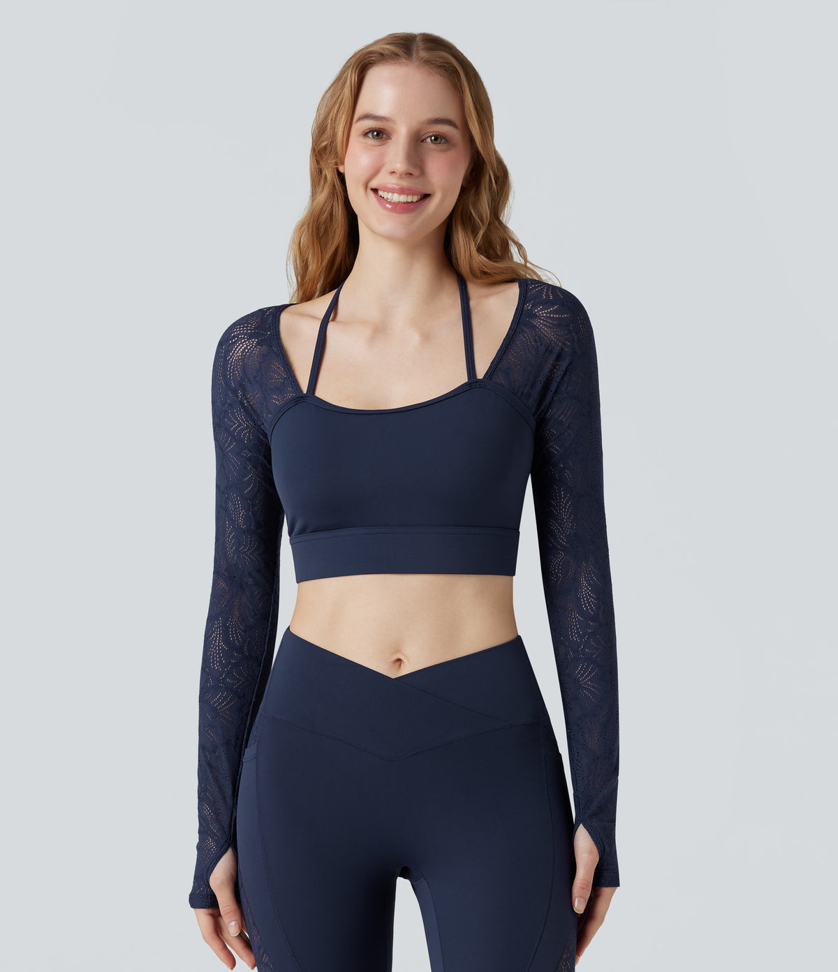 Contrast Lace Halter Long Sleeve Thumb Holes Cropped Yoga Top — Peacoat — view 2