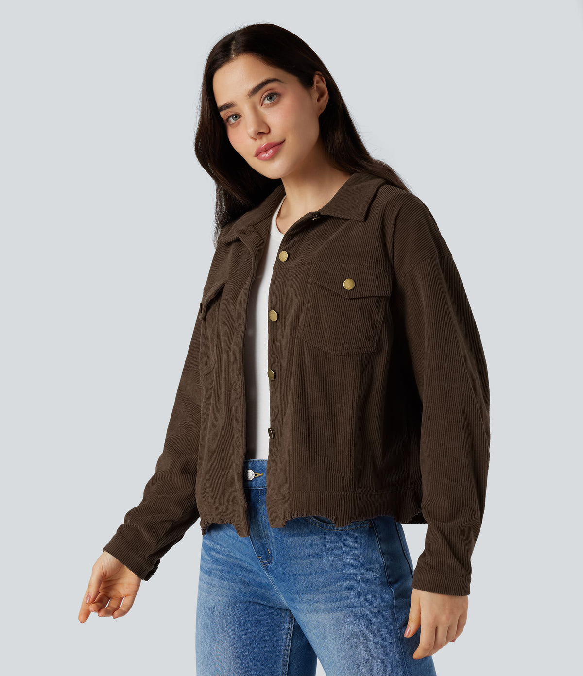 Long Sleeve Button Fly Corduroy Casual Shacket Jacket with Pockets — Flamewood Brown — view 3