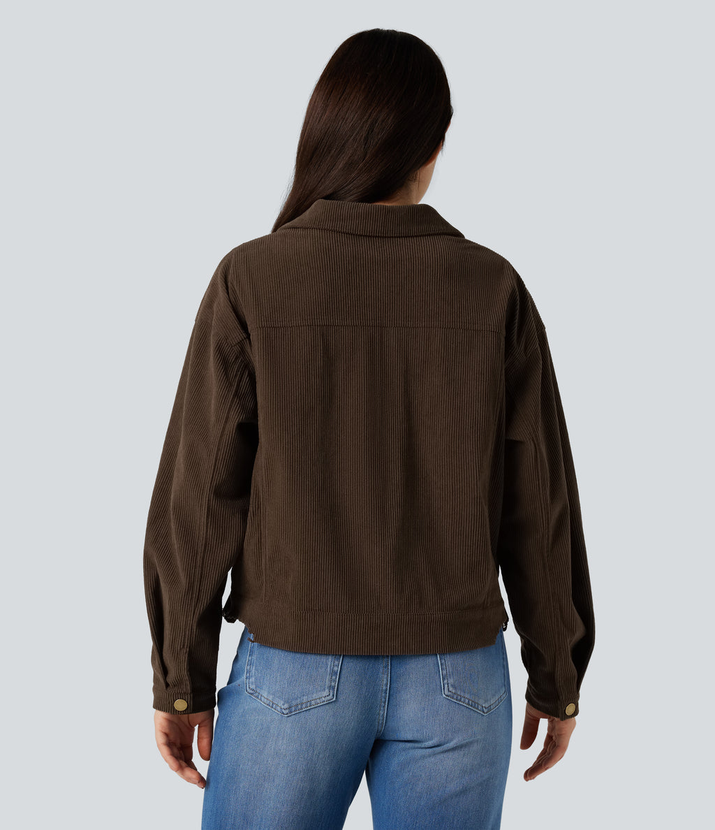 Long Sleeve Button Fly Corduroy Casual Shacket Jacket with Pockets — Flamewood Brown — view 2