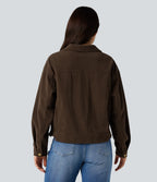 Long Sleeve Button Fly Corduroy Casual Shacket Jacket with Pockets — Flamewood Brown — view 2