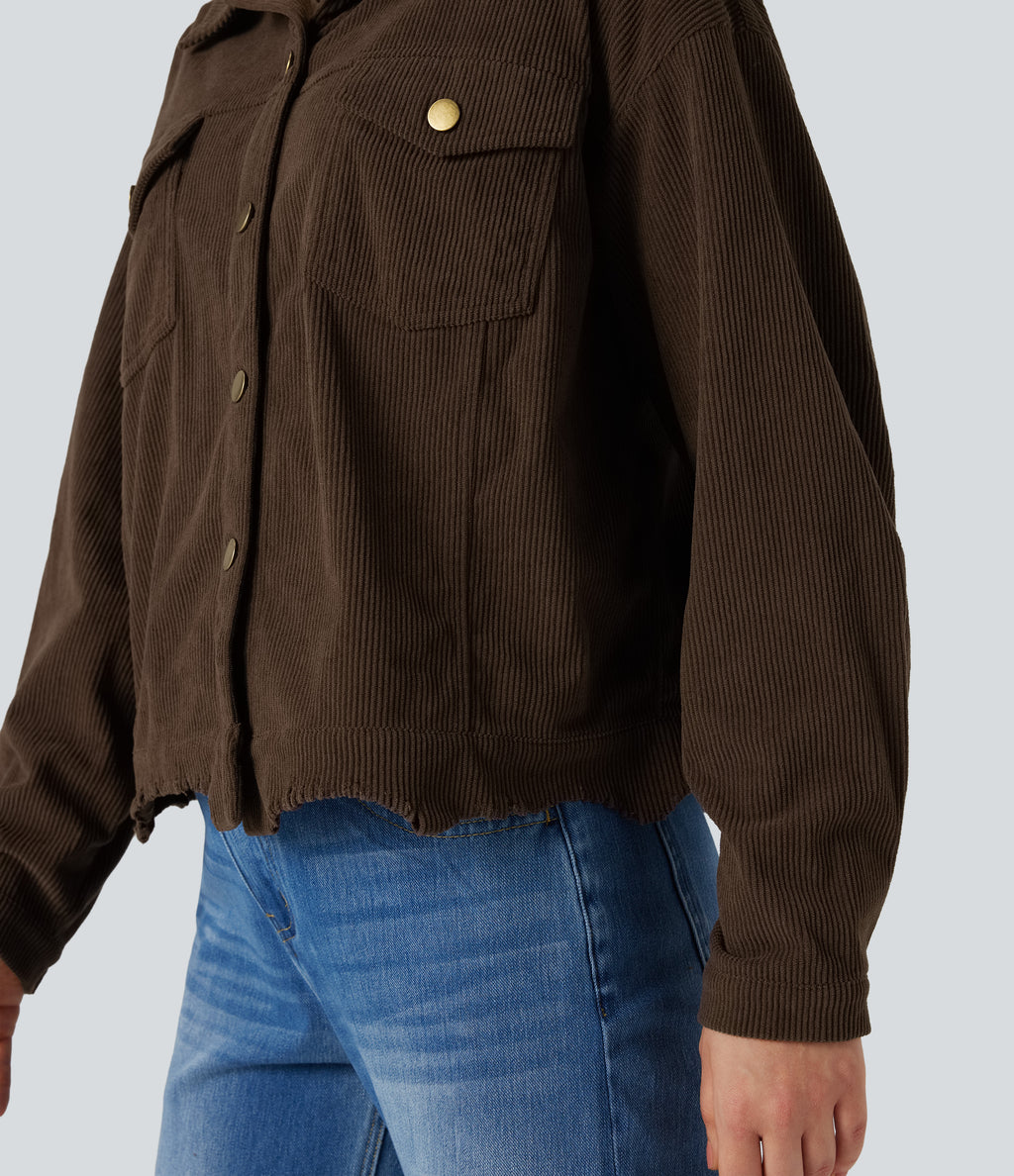 Long Sleeve Button Fly Corduroy Casual Shacket Jacket with Pockets — Flamewood Brown — view 5