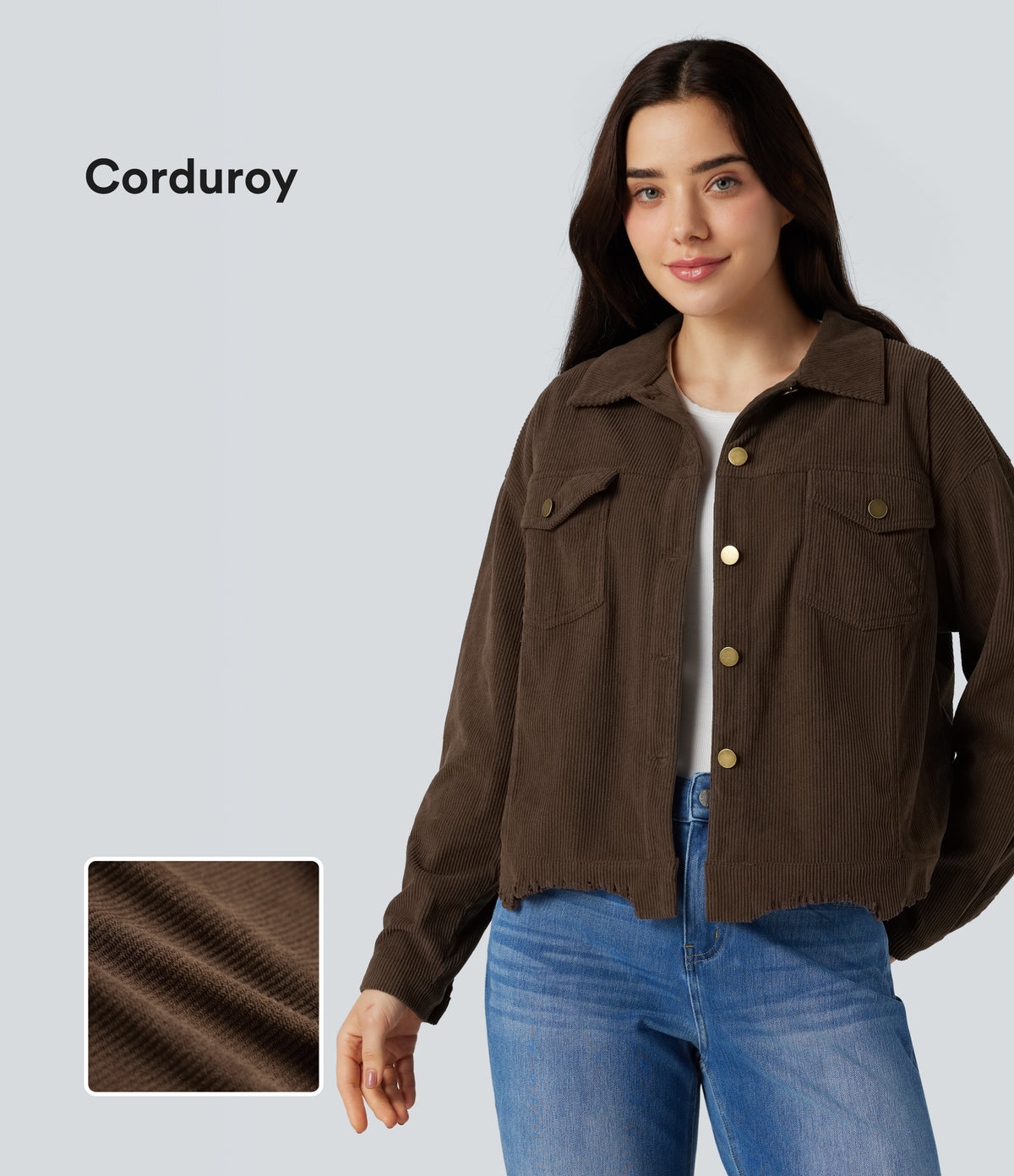 Long Sleeve Button Fly Corduroy Casual Shacket Jacket with Pockets — Flamewood Brown — view 1