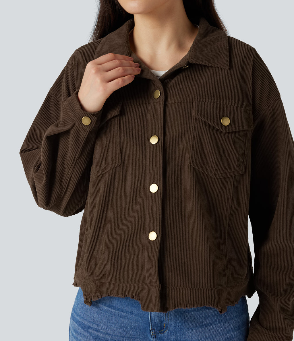 Long Sleeve Button Fly Corduroy Casual Shacket Jacket with Pockets — Flamewood Brown — view 4